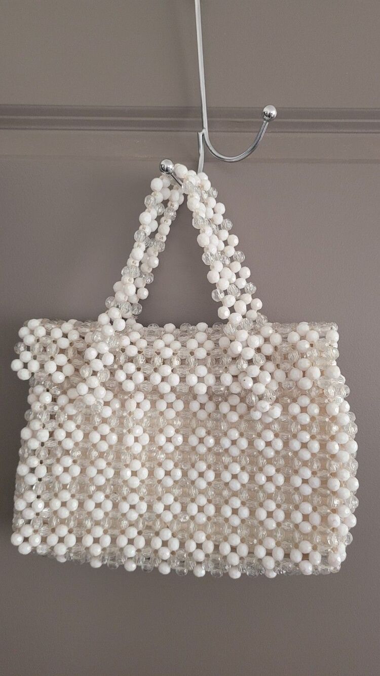 White Beaded Handbag Purse Handmade Hong Kong 60s *Flaws